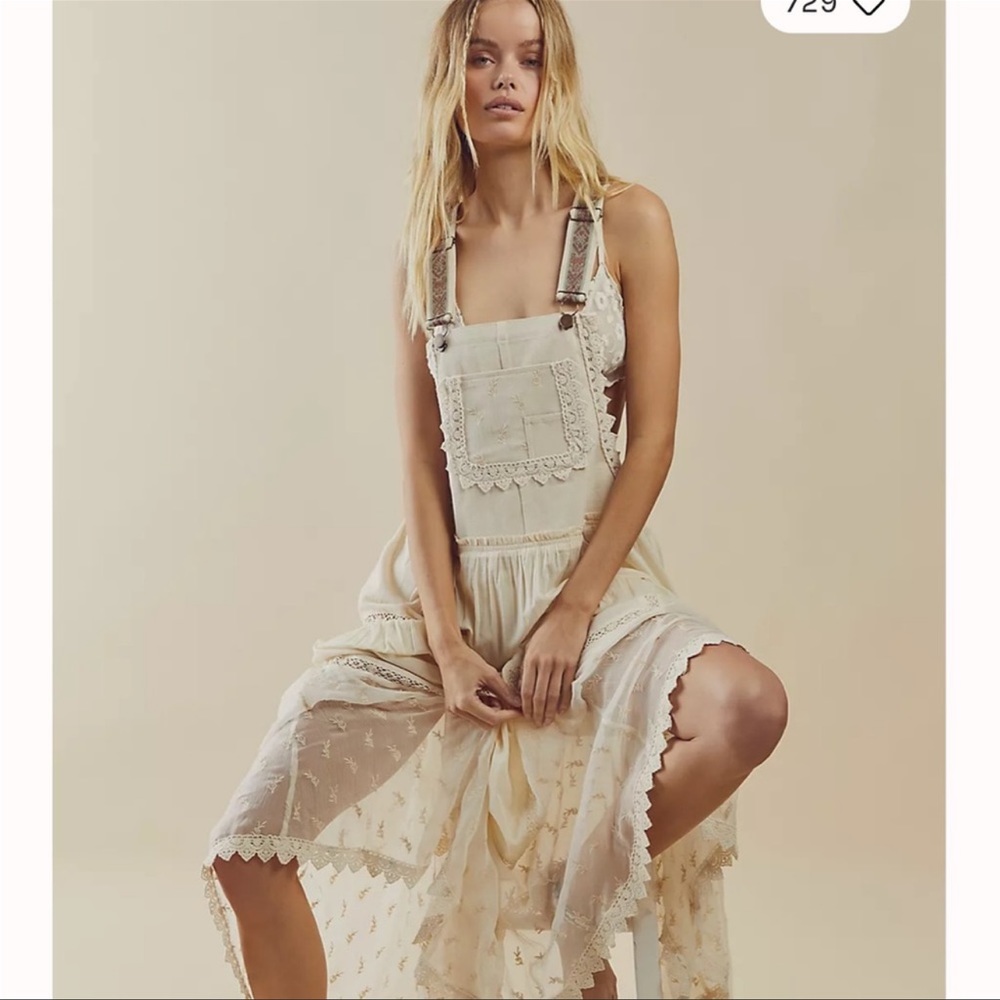 Free People Trails End Lace Crochet Vintage Overalls Maxi Dress Skirtall - Picture 2 of 6